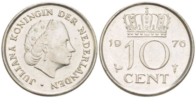 Нидерланды 10 центов 1976 Юлиана (1948-1980) КМ 182 никель 211-1224