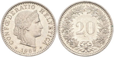 ШВЕЙЦАРИЯ 20 РАППЕНОВ 1989 В KM 29a медно-никель 55-1034