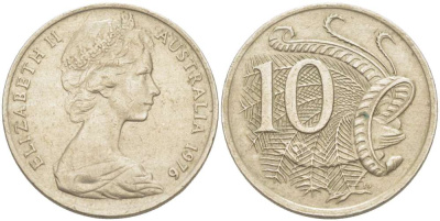 Австралия 10 центов 1976 Елизавета II (1952-), птица лирахвост KM 65 медно-никель 4519-417