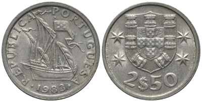 Португалия 2,5 эскудо 1983 парусник KM 590 медно-никель 4608-958