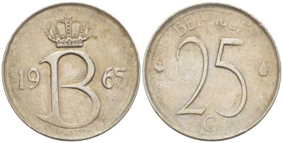 Бельгия 25 сантимов 1965 Belgique, Бодуэн I (1951-1993) KM 153.1 медно-никель 718-267