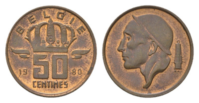 Бельгия 50 сантимов 1980 Belgie, Бодуэн I (1951-1993) KM 149 бронза 4627-757