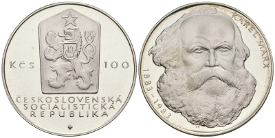Чехословакия 100 крон 1983 100 лет со дня смерти Карла Маркса (1812-1883) KM 108 серебро PROOF 00-00