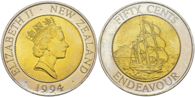 Новая Зеландия 50 центов 1994 Елизавета II (1952-2022), парусник Индевор KM 90 биметалл UNC 1522-1335