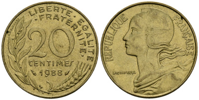 Франция 20 сантимов 1988 тип Marianne KM 930 медь алюминий никель 4135-633