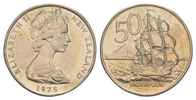 Новая Зеландия 50 центов 1975 Елизавета II (1952-2022), парусник Индевор KM 37 медно-никель UNC 84-1333