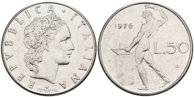 Италия 50 лир 1976 R, бог Вулкан у наковальни KM 95.1 нержавеющая сталь 4573-222