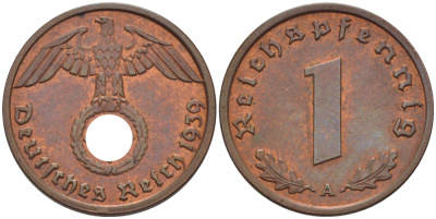 ГЕРМАНИЯ 1 РЕЙХСПФЕННИГ 1939 А KM 89 , J.361 бронза 100-313