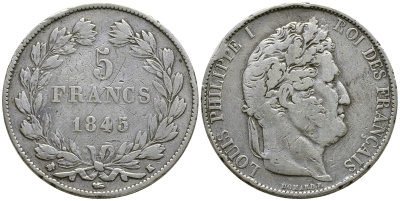 Франция 5 франков 1845 K, Луи Филипп I (1830-1848) KM 749.7 серебро 1066-6-31