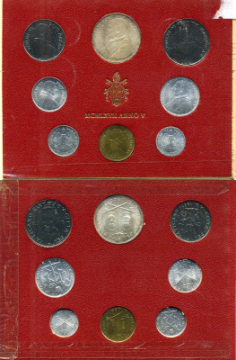 Ватикан набор из 8 монет 1967 1, 2, 5, 10, 20, 50, 100, 500 лир, в оригинальном буклете KM MS71 серебро UNC 8-1-01-03