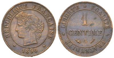 Франция 1 сантим 1896 A KM 826.1 бронза aUNC 4617-728