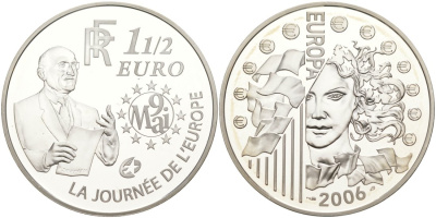 Франция 1 1/2 евро 2006 Декларация Шумана, день Европы 9 мая 1950 года KM 2037 серебро PROOF 01-345-43