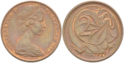 АВСТРАЛИЯ 2 ЦЕНТА 1982 ЕЛИЗАВЕТА II, МОЛОДОЙ ПОРТРЕТ, ПЛАЩЕНОСНАЯ ЯЩЕРИЦА (FRILLED LIZARD) KM 63 бронза 4539-946