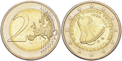 Словакия 2 евро 2009 20 лет Бархатной Революции, колокол KM 107 биметалл UNC 4185-736