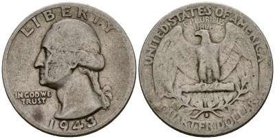 США 25 центов = квотер 1943 Вашингтон, S KM 164 серебро 4177-715