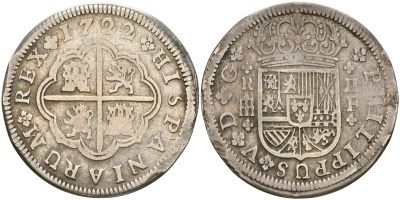 Испания 2 реала 1722 Филипп V (1700-1746) KM 297, Cal. 956 серебро 06-256-44