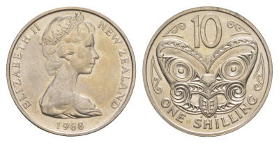 Новая Зеландия 10 центов 1968 Елизавета II (1952-2022), маска маори, тираж 35.000 экземпляров KM 35 медно-никель BU 4652-633