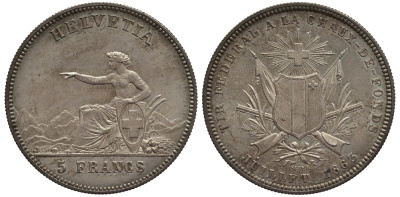 Швейцария 5 франков 1863 стрелковый фестиваль - Ла-Шо-де-Фон KM S7 серебро aUNC 00-817-63