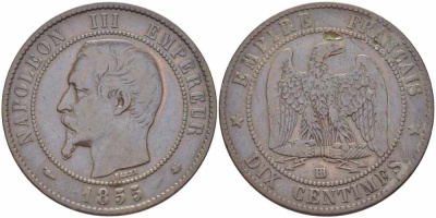 ФРАНЦИЯ 10 САНТИМОВ 1855 BB, НАПОЛЕОН III (1852-1870) KM 771.3, LE FRANC 133.22 бронза 38-1045