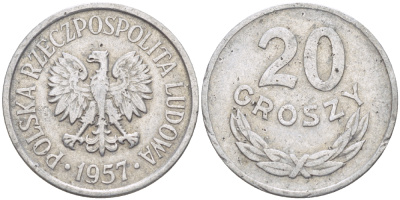 ПОЛЬША 20 ГРОШЕЙ 1957 MW, РЕДКИЙ ГОД KM А47, Parchimowicz 208a алюминий 216-925