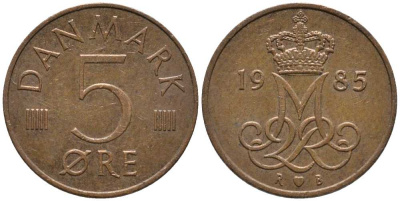 ДАНИЯ 5 ЭРЕ 1985 R; B, МАРГРЕТЕ II (1972-) KM 859.3 железо плакированное медью 116-168