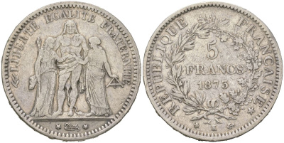 Франция 5 франков 1873 K, Геркулес KM 820 серебро 1066-2-51