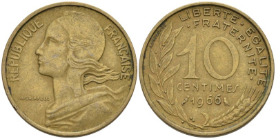 ФРАНЦИЯ 10 САНТИМОВ 1966 ТИП MARIANNE KM 929, LE FRANC 144.6 медь алюминий никель 4567-763