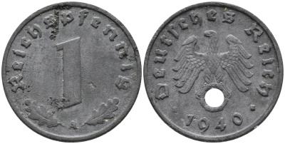 ГЕРМАНИЯ 1 РЕЙХСПФЕННИГ 1940 A KM 97, J.369 цинк 96-645