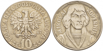 ПОЛЬША 10 ЗЛОТЫХ 1967 MW, НИКОЛАЙ КОПЕРНИК KM 51a медно-никель UNC 3856-1056