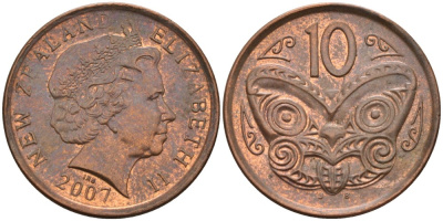 Новая Зеландия 10 центов 2007 маска Маори, Елизавета II (1952-) KM 117а сталь плакированная медью 4179-645