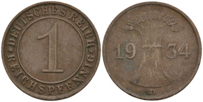 Германия 1 рейхспфенниг 1934 D KM 37, J. 313 бронза 4549-555