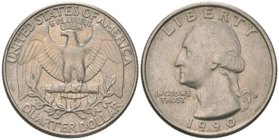 США 25 центов = квотер 1990 P, Вашингтон KM 164a медь плакированная медно-никелем 4592-114