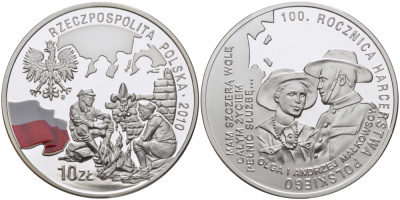 Польша 10 злотых 2010 MW, 100 лет союзу польских харцеров, скаутскому движению в Польше, Ольга и Анджей Малковичи, цветная эмаль, польский флаг KM 726 серебро PROOF 1069-3-52