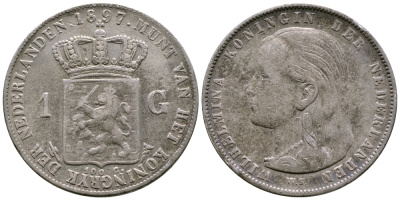 Нидерланды 1 гульден 1897 Вильгельмина (1890-1948) KM 117 серебро 1517-1442