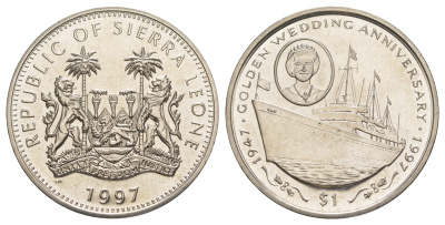 Сьерра-Леоне 1 доллар 1997 Золотая годовщина свадьбы - Королевская яхта KM 56 медно-никель BU 1521-1214