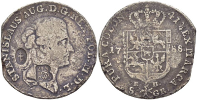 Польша, Торунь 8 грошей (2 злотых) 1788 EB, Станислав II Август Понятовский (1764-1794), надчеканка герб "Пилава", вес 8,49 г KM 209.1 (C54), Kopinski не описана серебро 00-809-84