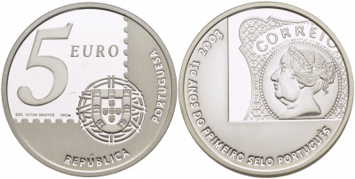 Португалия 5 евро 2003 150 летие первой Португальской марке, тираж 20000 экземпляров KM 749 серебро PROOF 05-095-41