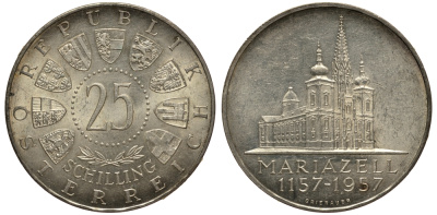 Австрия 25 шиллингов 1957 800 лет Базилике Мариацелля KM 2883 серебро aUNC 1520-132
