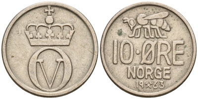 Норвегия 10 эре 1963 пчела KM 411 медно-никель    4598-1217