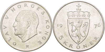 Норвегия 5 крон 1976 Улаф V (1958-1991) KM 420 медно-никель 41-545