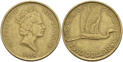 Новая Зеландия 2 доллара 1990 Елизавета II (1952-2022), большая белая цапля KM 79 алюминиевая бронза 51-4021