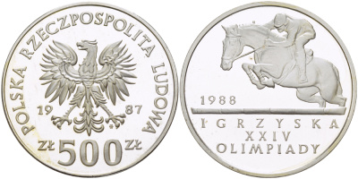 Польша 500 злотых 1987 MW, XXIV летние Олимпийские игры 1988 года в Сеуле, конный спорт KM 165, Parchimowicz 331 серебро PROOF 1085-1-73