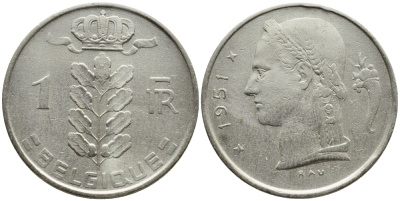 БЕЛЬГИЯ 1 ФРАНК 1951 BELGIQUE KM 142.1 медно-никель 4390-416