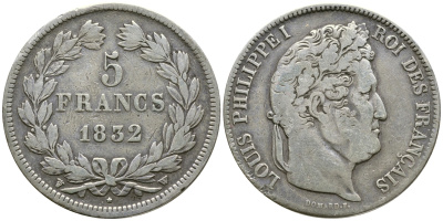 Франция 5 франков 1832 W, Луи Филипп I (1830-1848) KM 749.13 серебро 1066-6-43