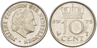 НИДЕРЛАНДЫ 10 ЦЕНТОВ 1975 KM 182 никель 3457-1128