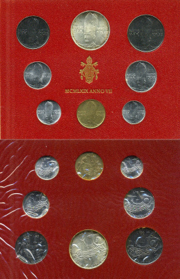 Ватикан набор из 8 монет 1969 1, 2, 5, 10, 20, 50, 100, 500 лир, в оригинальном буклете KM MS73 серебро UNC 8-1-01-16