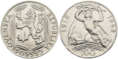 Чехословакия 100 крон 1948 30 лет независимости KM 27 серебро UNC 87-1046