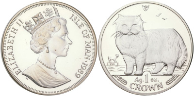 Остров Мэн 1 крона 1989 Персидская кошка KM 250a серебро PROOF 11-040-45