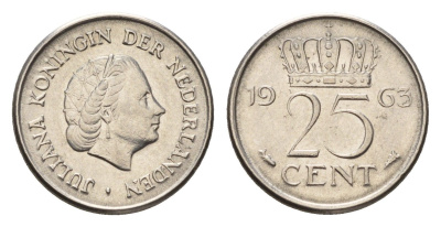 Нидерланды 25 центов 1963 Юлиана (1948-1980) KM 183 никель 4658-825