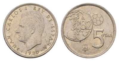 Испания 5 песет 1980 (81) Хуан Карлос , чемпионат мира по футболу, Испания 1982 KM 817 медно-никель 3336-557